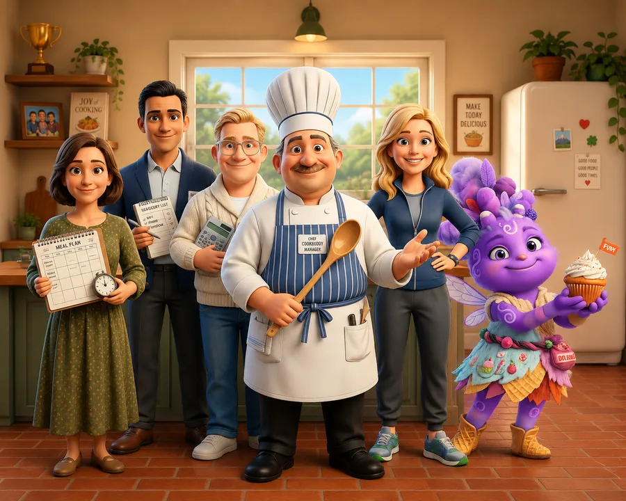 The Rumble cast in a warm kitchen with Chef Rumble and the team