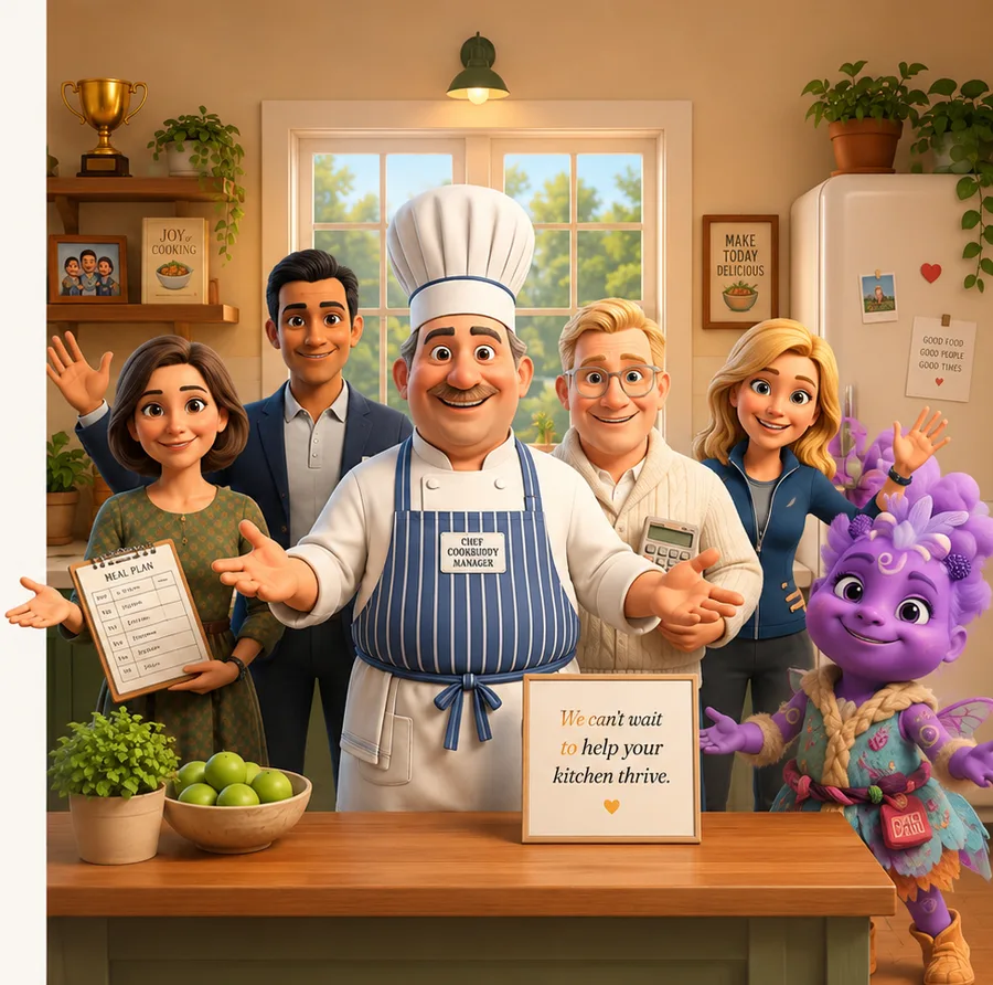 The Rumble cast in their kitchen with Chef Rumble and the team